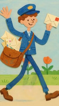 Whimsical video concept of a cheerful mailman delivering letters. Shot from a low angle, showcasing a playful, cartoon-style illustration. Live mobile wallpaper.