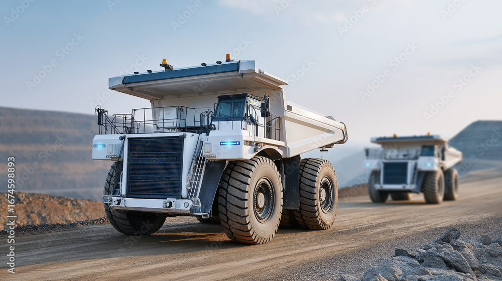 Poster autonomous mining trucks with ai powered navigation systems operating in open pit copper mine featur