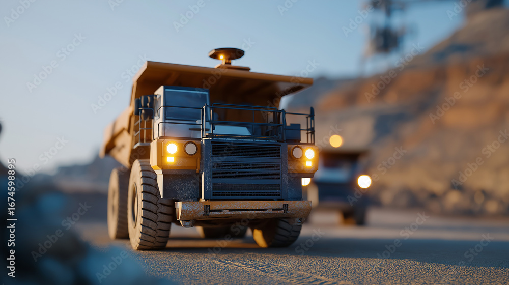 Poster autonomous mining trucks with ai powered navigation systems operating in open pit copper mine featur