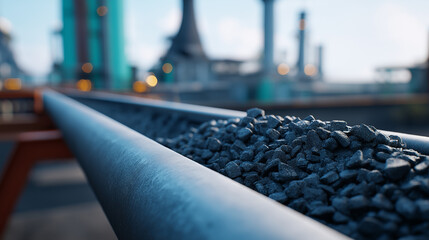 High detail image of a conveyor belt transporting freshly mined black coal set against the backdrop of a steel factory with industrial smokestacks and processing equipment