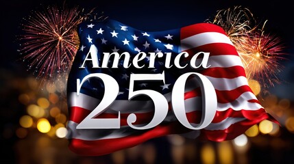 America 250 Text with Flag and Fireworks for National Celebration