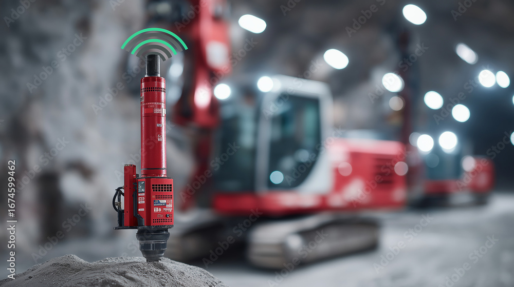 Poster underground mining operation with advanced drilling equipment and real time monitoring sensors featu