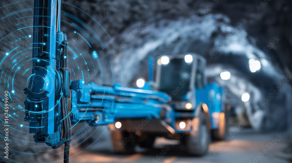 Poster underground mining operation with advanced drilling equipment and real time monitoring sensors featu