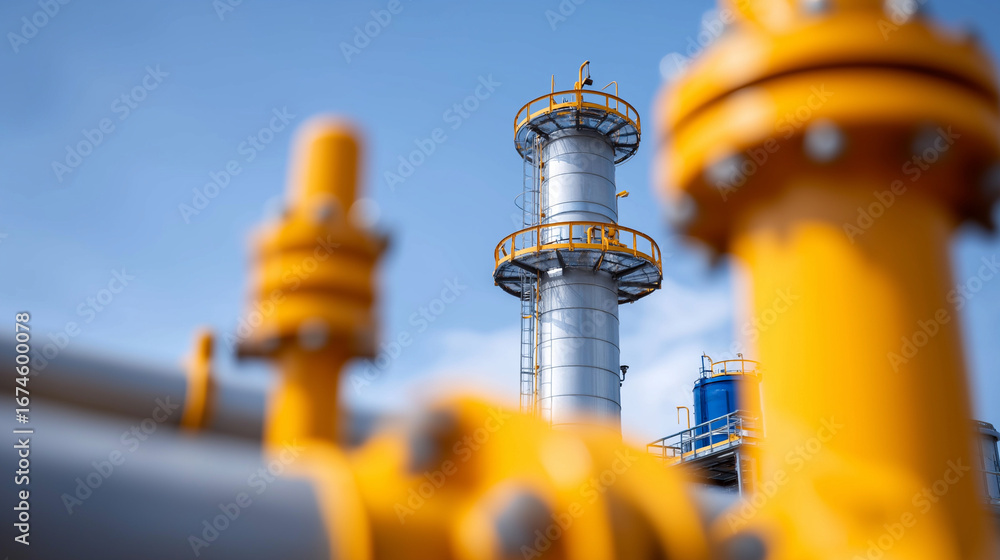 Poster oil refinery processing towers with complex piping systems and automated control mechanisms featurin