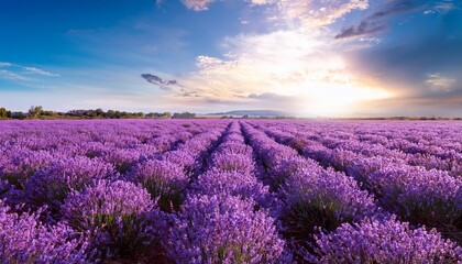 Obraz premium vibrant purple lavender flowers in a vast field under a bright sunny sky perfect for relaxation nature and aromatherapy themes