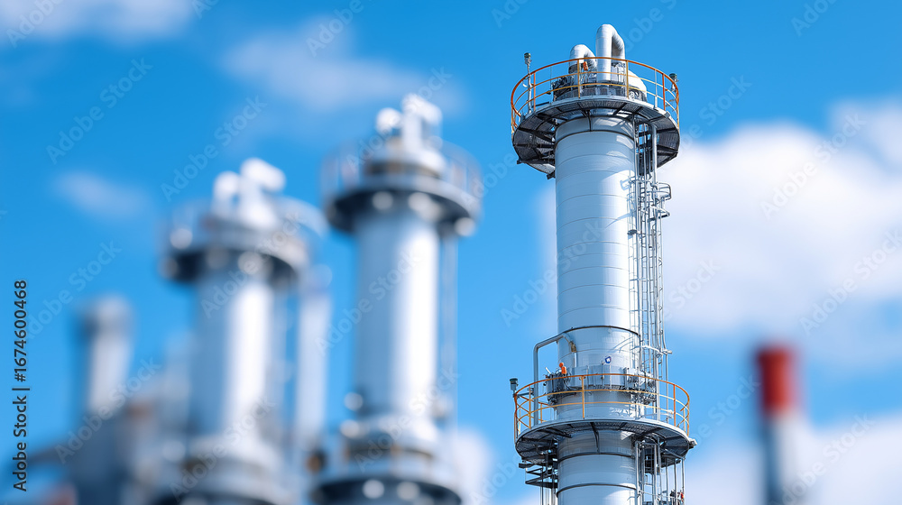 Poster oil refinery processing towers with complex piping systems and automated control mechanisms featurin