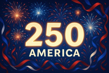 America 250 Celebration with Fireworks and Patriotic Ribbons