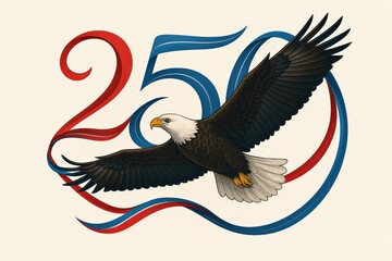 Bald Eagle Flying Over 250 with Patriotic Red and Blue Ribbons