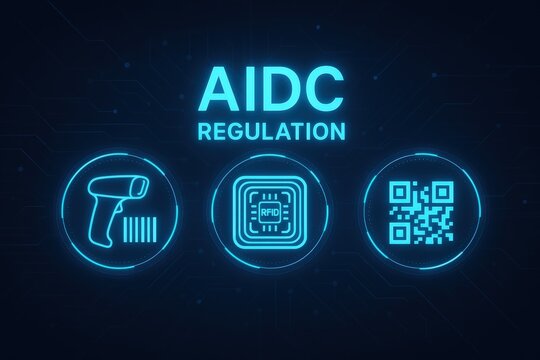 AIDC Regulation with Barcode Scanner, Microchip, and QR Code Icons