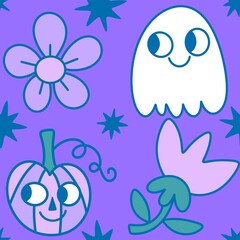 Autumn harvest vegetable seamless monster Halloween pumpkins pattern for wrapping paper and fabrics