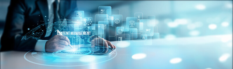 A content manager using a digital tablet online connects to enterprise content management platforms, digital assets collaboration publishing automation workflows indexing storage security.