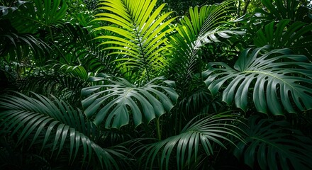 Lush green tropical foliage with large, textured leaves and vibrant sunlight filtering through the dense canopy, creating a natural, exotic jungle atmosphere