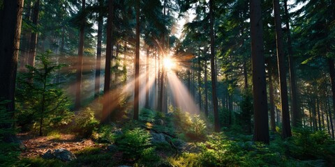 Obraz premium Sun Rays Shining Through Pine Trees in Serene Forest