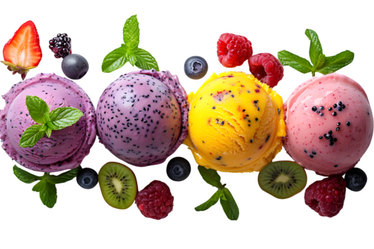 Transparent Background Variety Set Exotic Sorbet Scoops Tropical Flavors Like Dragonfruit Mango Poster Banner Marketing Ecommerce Web Print Copy Space Template Branding Social Media SEO Optimized - Powered by Adobe