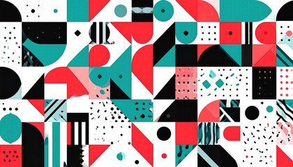 Abstract Geometric Pattern with Red Teal and Black Shapes on White Background in Memphis Style