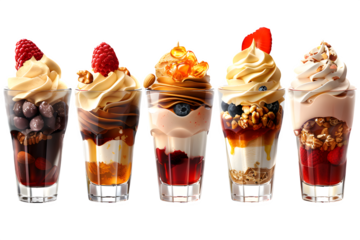 Cream Variety Set Mini Ice Sundaes Shot Glasses Toppings Like Nuts Syrup Fruits Marketing Ecommerce Web Print Copy Space Template Branding Social Media Poster Banner SEO Optimized Tidy Serene Light