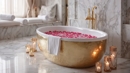 Luxury Golden Bathtub with Rose Petals and Candles