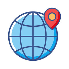 Flat vector icon of a world globe with a red location pin, travel and global business theme, isolated.
