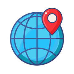 Flat vector icon of a world globe with a red location pin, travel and global business theme, isolated.