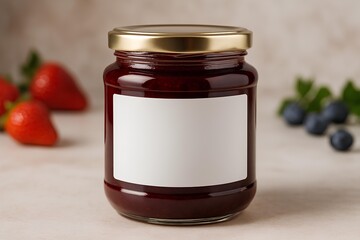 Artisanal strawberry jam in glass jar with blank label ready for your brand, delicious homemade flavor with fruit, ideal for product mockups