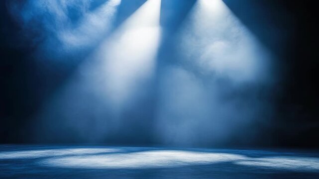 Empty stage with blue fog and dramatic lighting