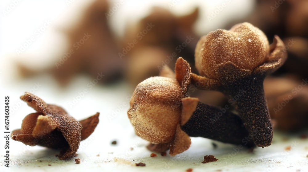 Poster cloves arranged on a surface showcasing their unique shape and texture in a close-up view under natu