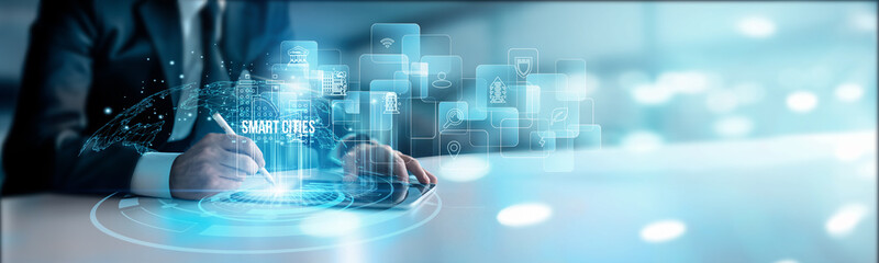 Urban planners using digital tablets online connect to smart cities innovation, IoT integration...