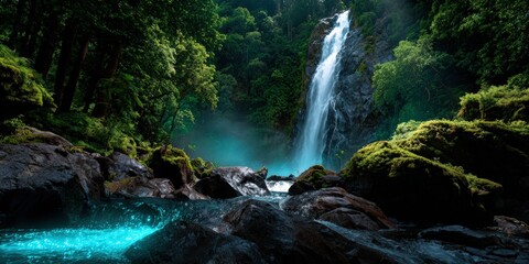 Lush Tropical Waterfall Flowing into Turquoise Pool
