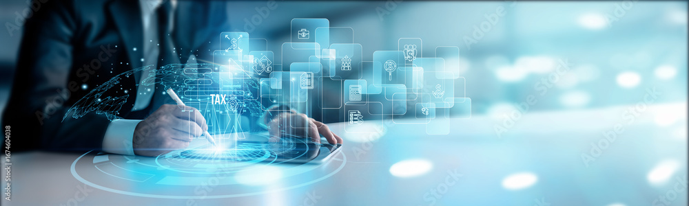 Aufkleber a taxax advisor using a digitalal tablet online connectss to digital tax systems, compliance reporti