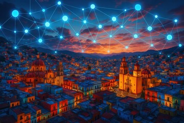 Fototapeta premium Smart City Network Connections at Sunset