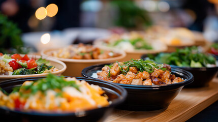 Global fusion corporate catering featuring Korean Mexican taco stations and Italian Japanese fusion bowls with international business delegates sampling diverse culinary offerings