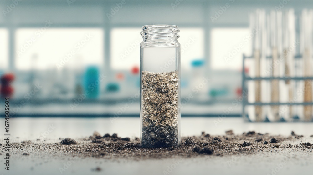 Aufkleber medium shot of a lab vial filled with crushed soil particles vial sharply focused against a blurred 