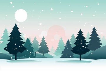 Minimalist winter forest with snow falling and Christmas trees background