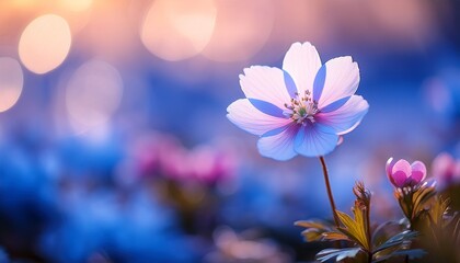 single delicate wildflower in sharp focus with vibrant bokeh of blue and pink blossoms in the background a dreamy colorful springtime nature scene with shallow depth of field