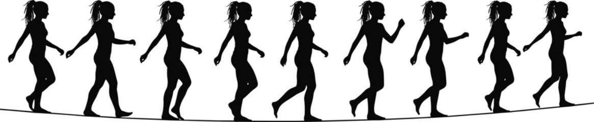 Walking silhouette sequence, female gait, black vector, motion study, biomechanics, animation, physical therapy, posture, movement, heel strike, toe-off