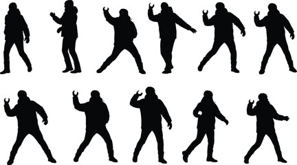 Expressive silhouette set, dramatic standing poses, claw hand gesture, black vector, motion, emotion, character design, theatrical, gesture, stance
