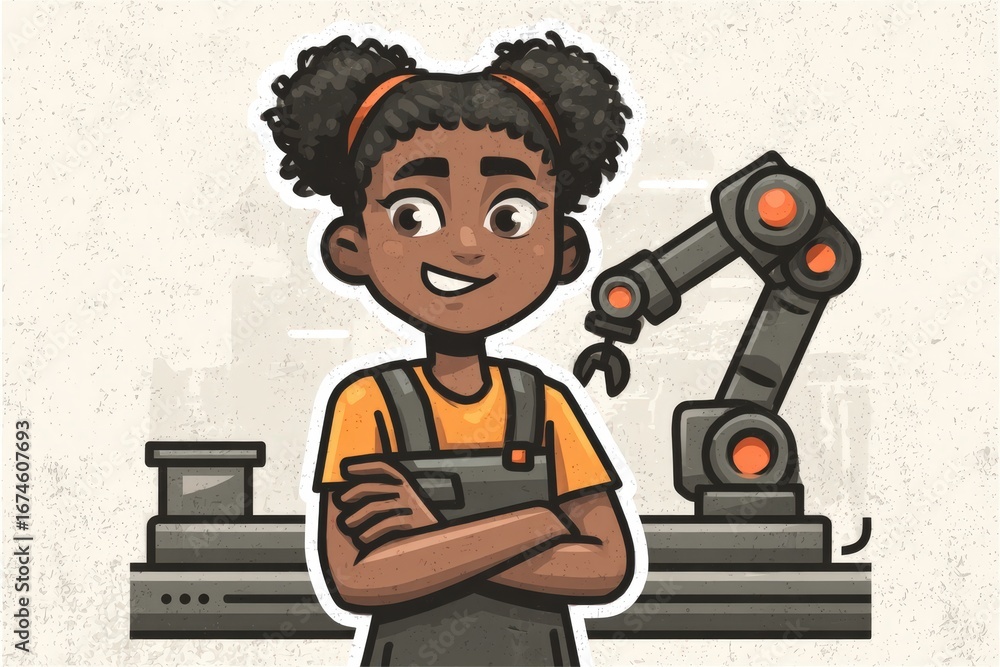 Poster confident young girl standing with a robotic arm in an industrial workshop showcasing the future of 