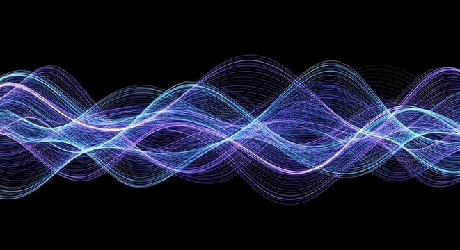 Abstract blue and purple wavy light trails creating a dynamic soundwave pattern on a black background