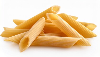 pieces of uncooked penne pasta isolated white background