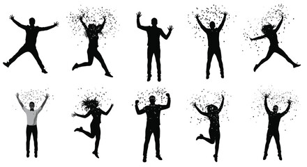 Celebration silhouette set, joyful poses, dancing motion, confetti burst, black vector, party vibe, happiness, lifestyle, emotion, movement