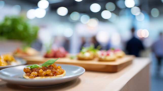 Innovation showcase with molecular gastronomy demonstrations and interactive cooking stations reflecting cutting edge corporate culture and technological advancement blurred back
