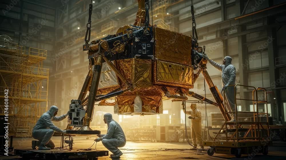 Poster engineers adjusting sensors on a lunar lander leg during a droptest sequence at a towering mechanica