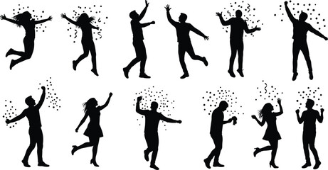 Celebration silhouette set, dancing poses, joyful movement, festive energy, black vector, party scene, emotion, confetti, jump, dance, cheer