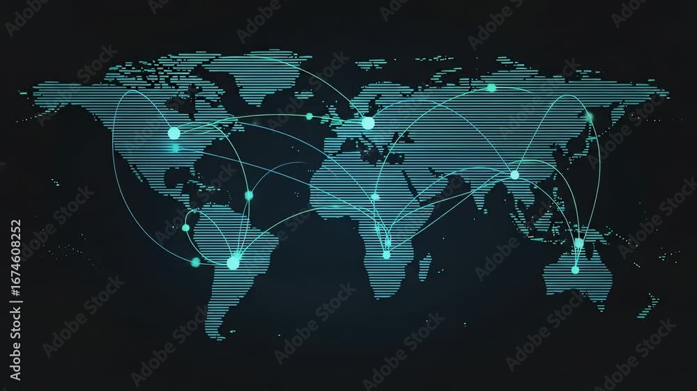 Poster global network world map - interconnected technology and communication.
