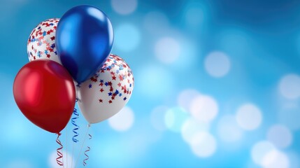 Bright red, white, and blue party balloons with confetti stars float peacefully, creating a festive display against a blurred blue background, ideal for patriotic festivities.