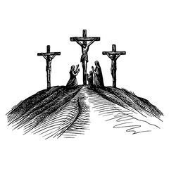 The disciples of Jesus stand at the cross on Golgotha after the crucifixion of the Savior.