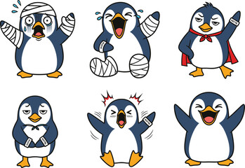 cartoon penguins, injured penguin, superhero penguin, angry penguin, happy penguin, emotional penguins, cute penguin characters, animal emotions,