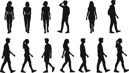 Silhouettes of Men and Women Walking, Casual Stroll, Side and Front Views, Urban Lifestyle, People in Motion