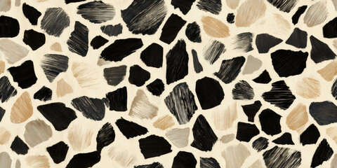Abstract hand painted terrazzo pattern with black, beige, and gray brush strokes. Creative modern background for design elements.