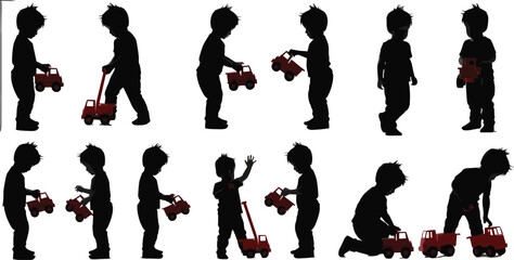 Silhouettes of Toddlers Playing with Red Toy Trucks, Boys Exploring and Interacting, Early Childhood Play, Imaginative Learning, Indoor Kids Activities